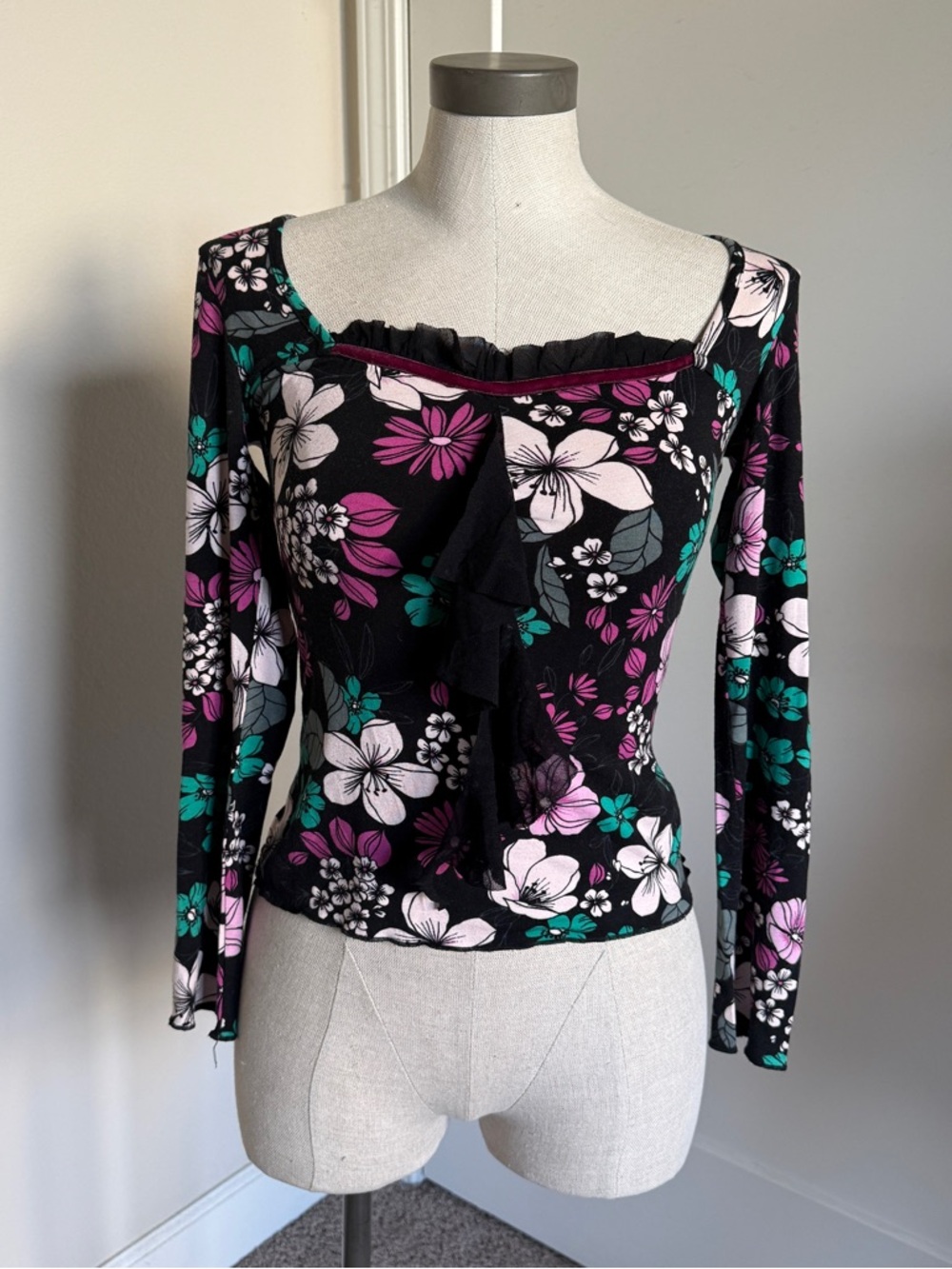 Morgan de Toi Euro y2k Vintage Hawaiian floral long sleeve top with mesh detail